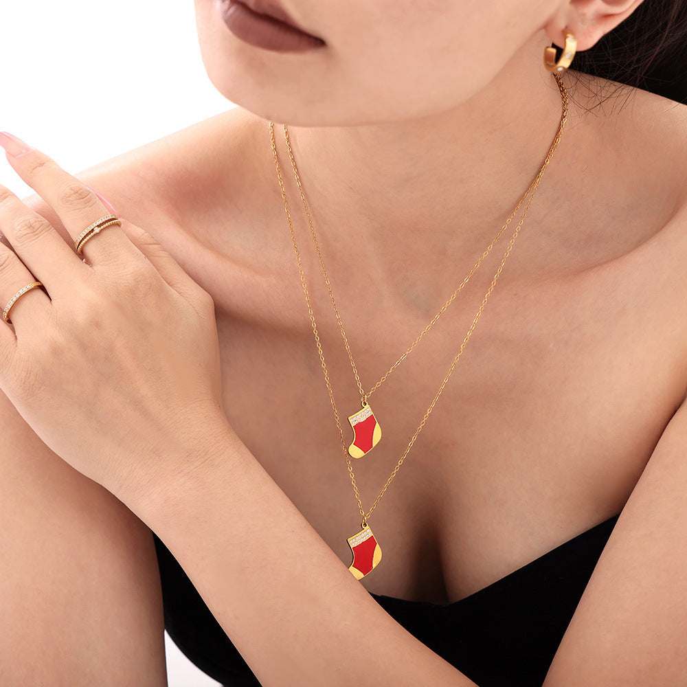 316L Stainless Steel Chic Red Enamel Christmas Stocking Pendant Necklace - Image 3