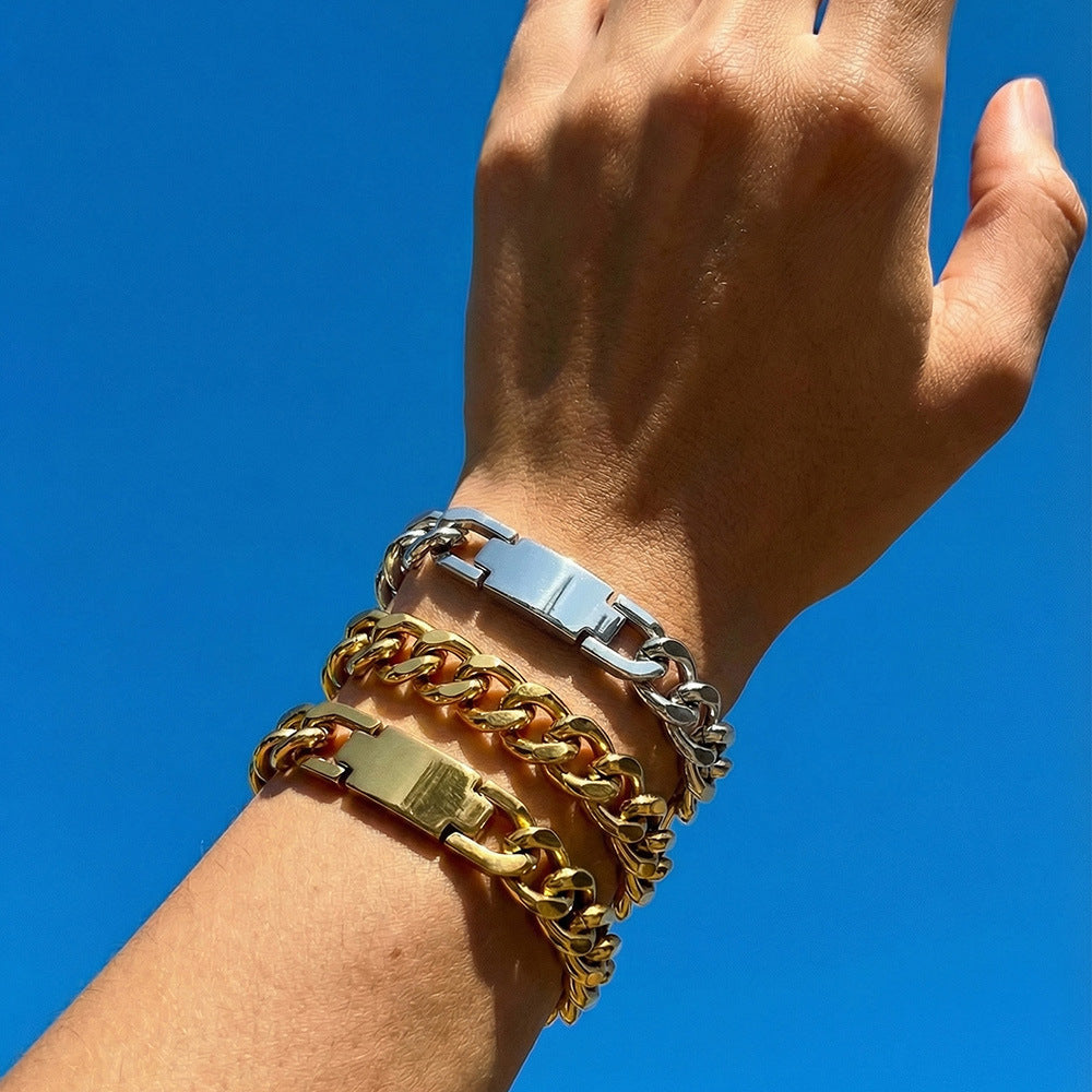 316L Stainless Steel chunky Cuban chain bracelet, 18K gold PVD, hypoallergenic for sensitive skin