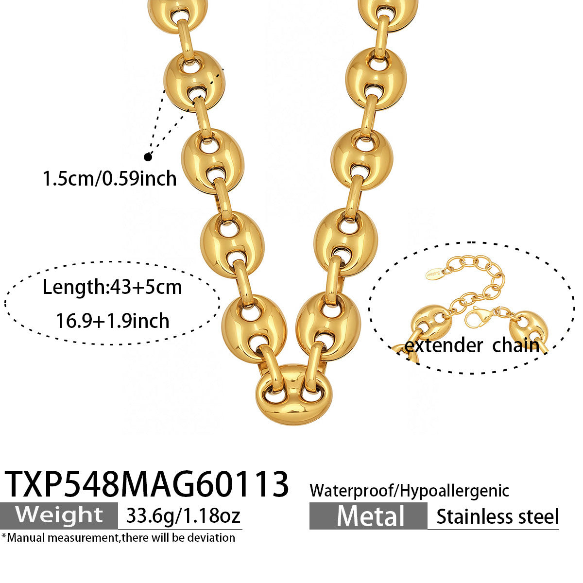 316L Stainless Steel Mixed Metal Coffee Bean Chain Jewelry Set for Women