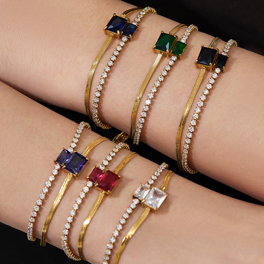 316L Stainless Steel Colorful 2mm Zircon Double Layer Blade Chain Bracelet - Image 13
