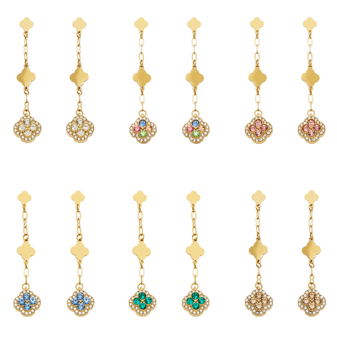 316L stainless steel clover drop earrings collection in gold, steel and colorful crystal styles