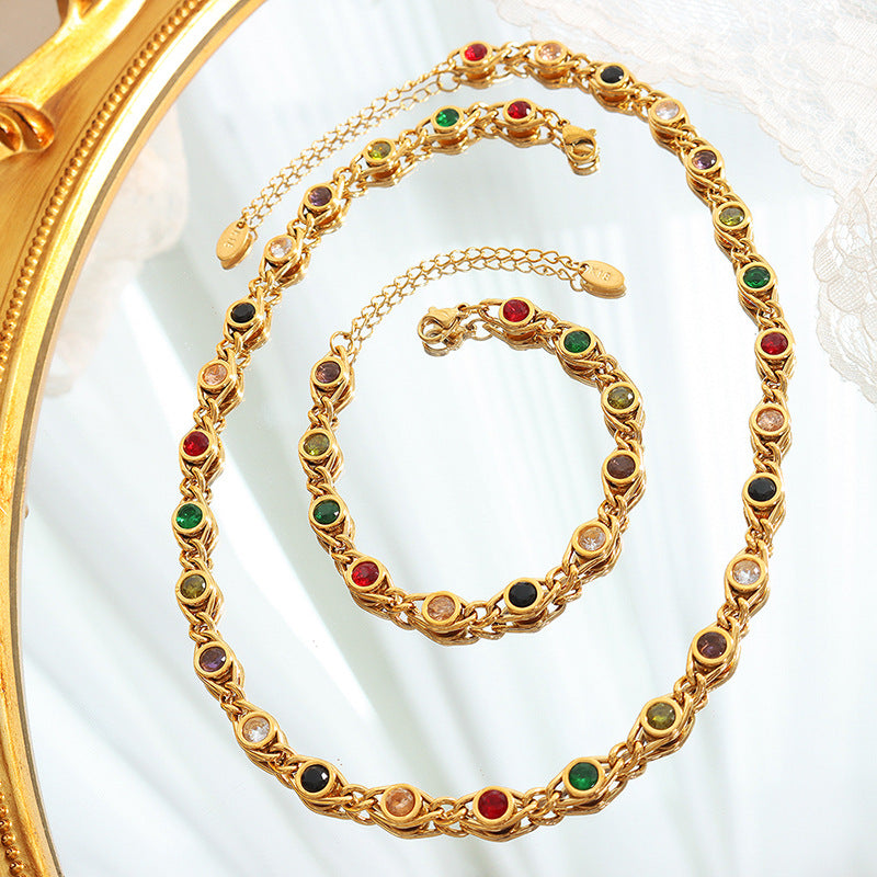316L Stainless Steel Colorful Zircon Interlocking Chain Small Fisheye Design Necklace & Bracelet Set - Image 2