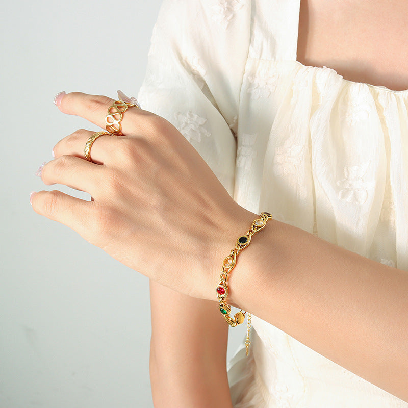 316L Stainless Steel Colorful Zircon Interlocking Chain Small Fisheye Design Necklace & Bracelet Set - Image 3