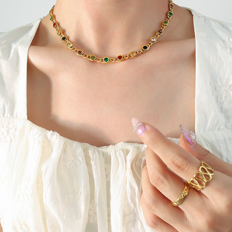 316L Stainless Steel Colorful Zircon Interlocking Chain Small Fisheye Design Necklace & Bracelet Set - Image 6