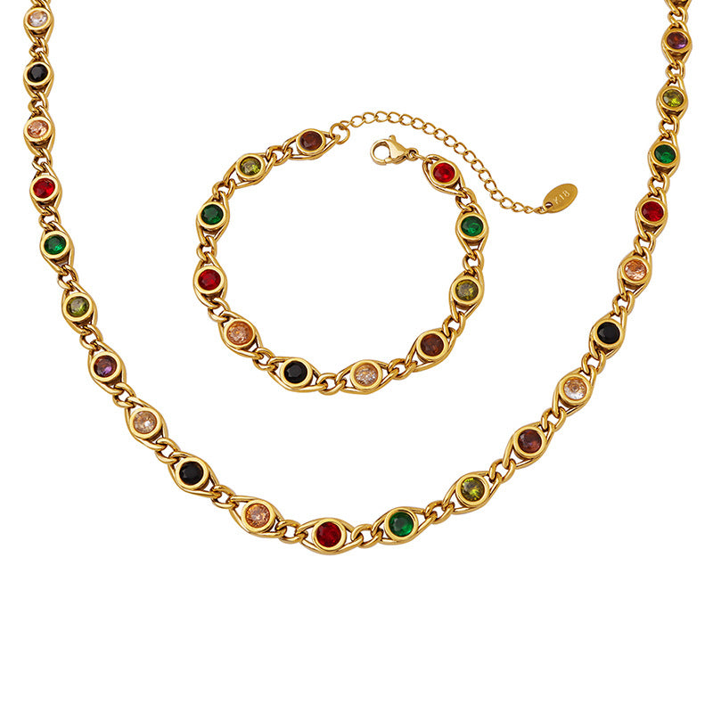316L Stainless Steel Colorful Zircon Interlocking Chain Small Fisheye Design Necklace & Bracelet Set - Image 7