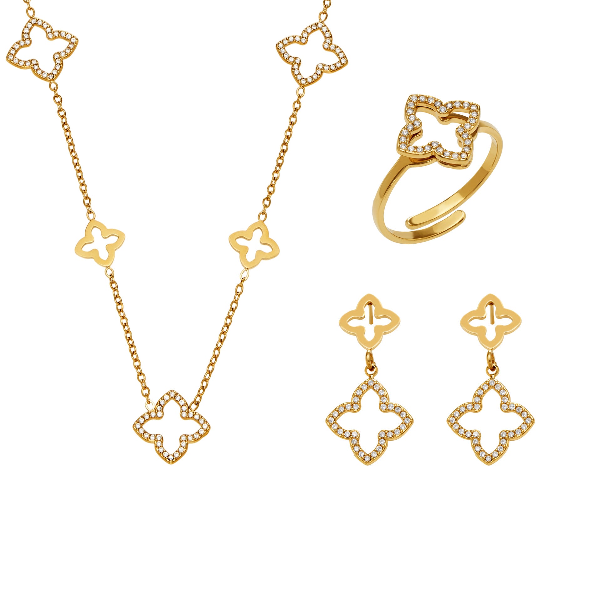 316L stainless steel CZ clover jewelry set display including necklace earrings and ring