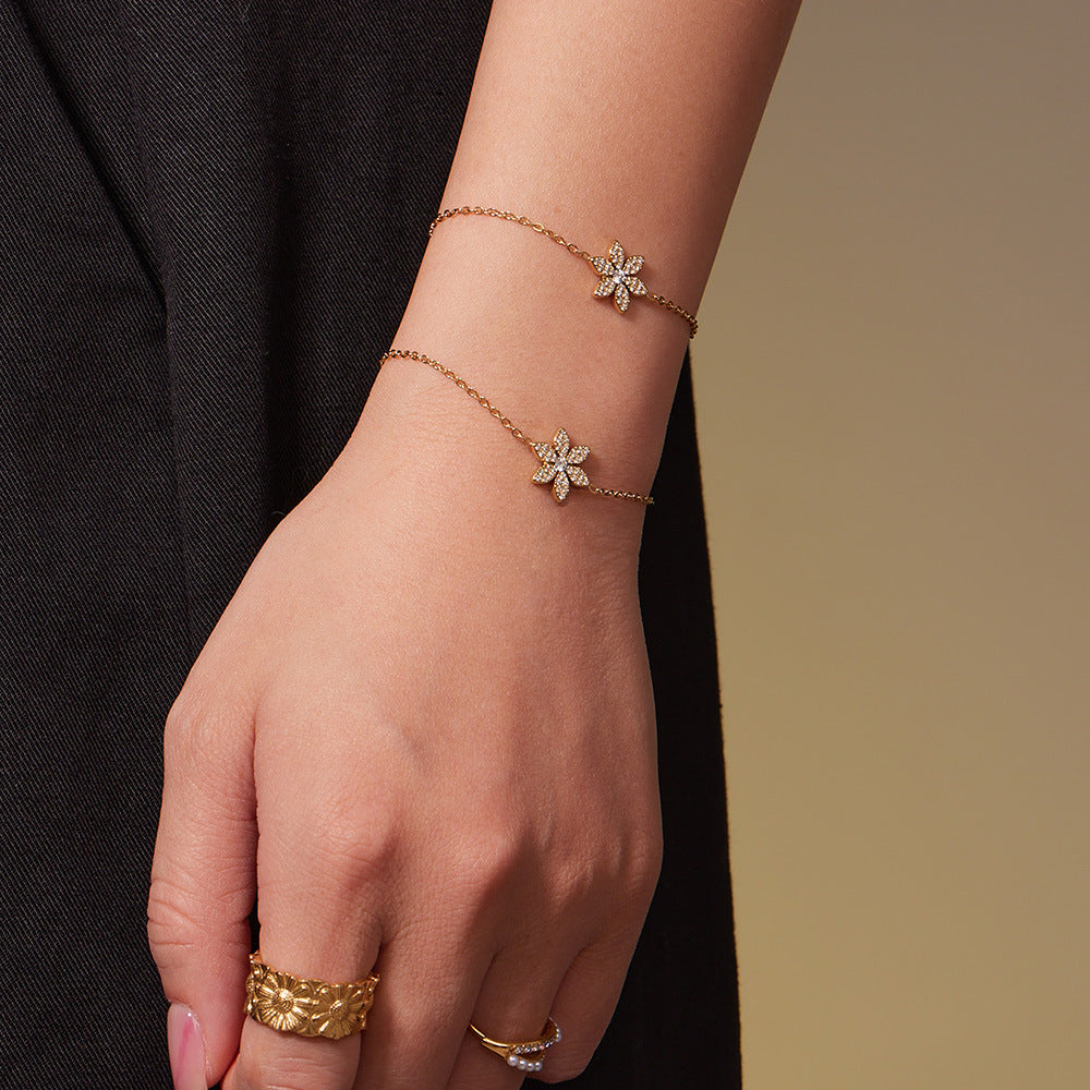 316L Stainless Steel CZ Flower Layered Necklace & Bracelet Set