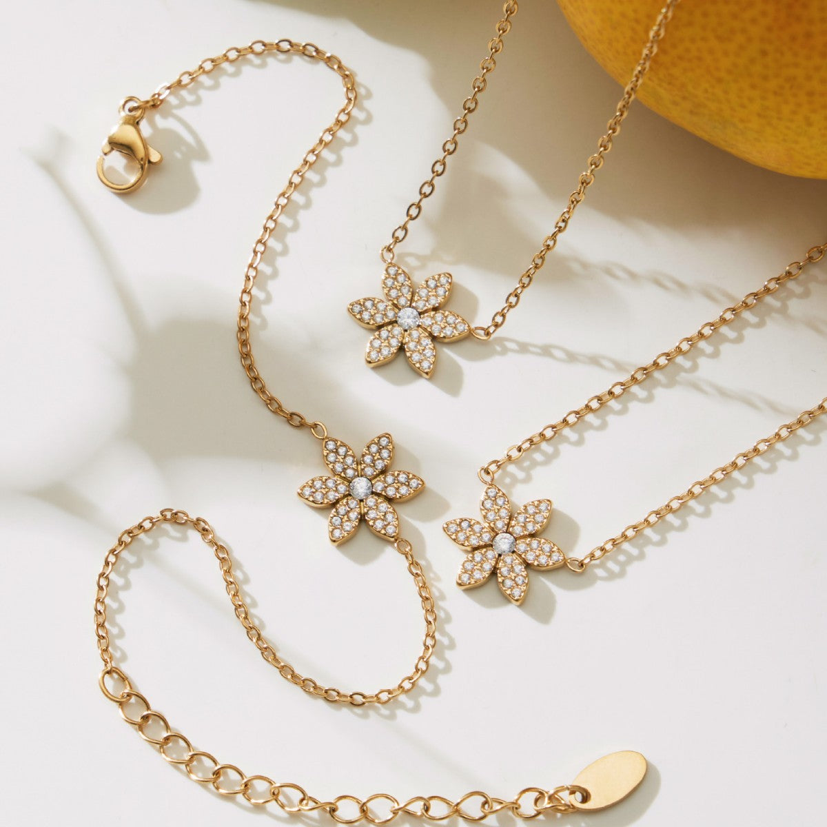 316L Stainless Steel CZ Flower Layered Necklace & Bracelet Set
