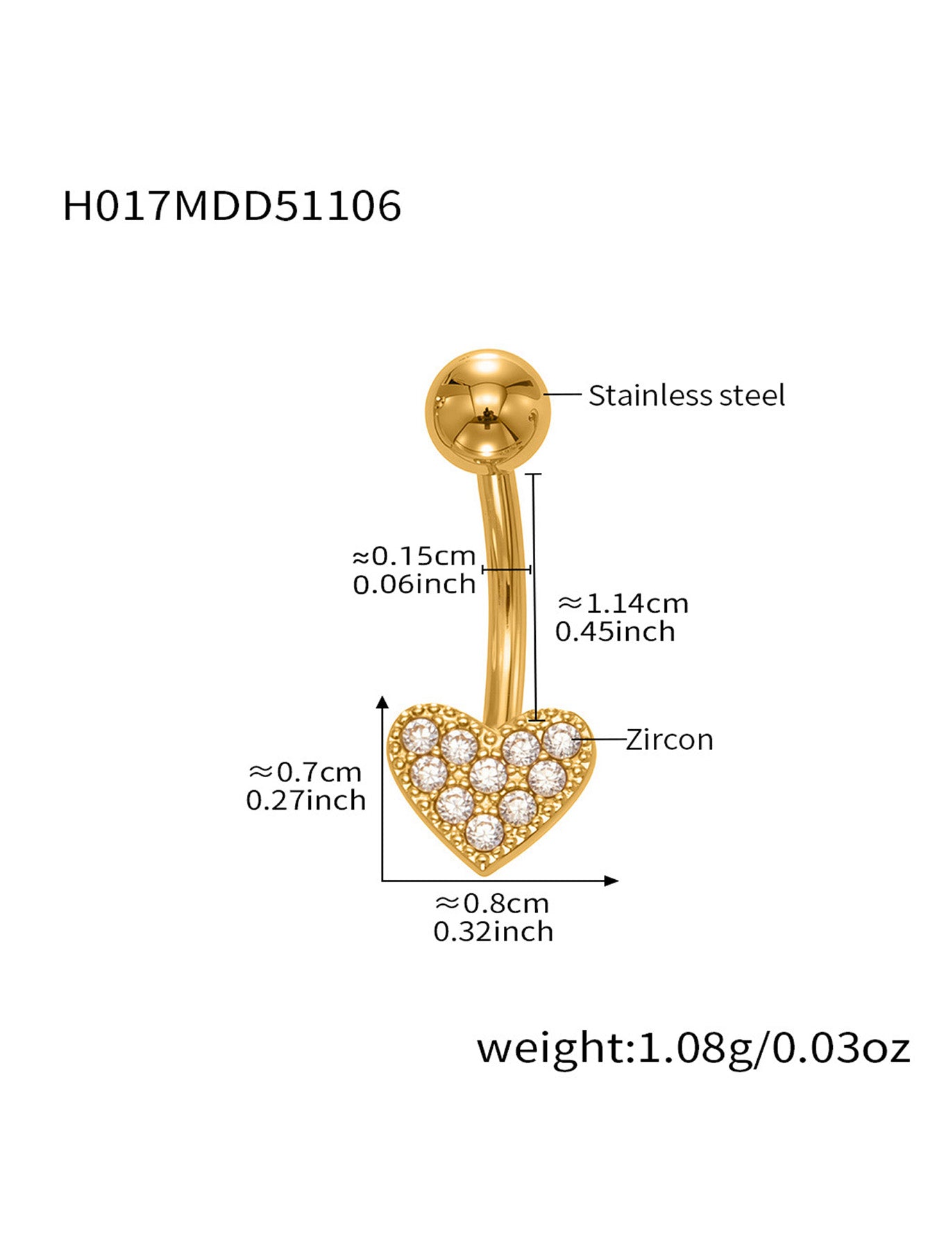 Gold CZ clover belly button ring with polished curved barbell, lucky charm navel piercing jewelry