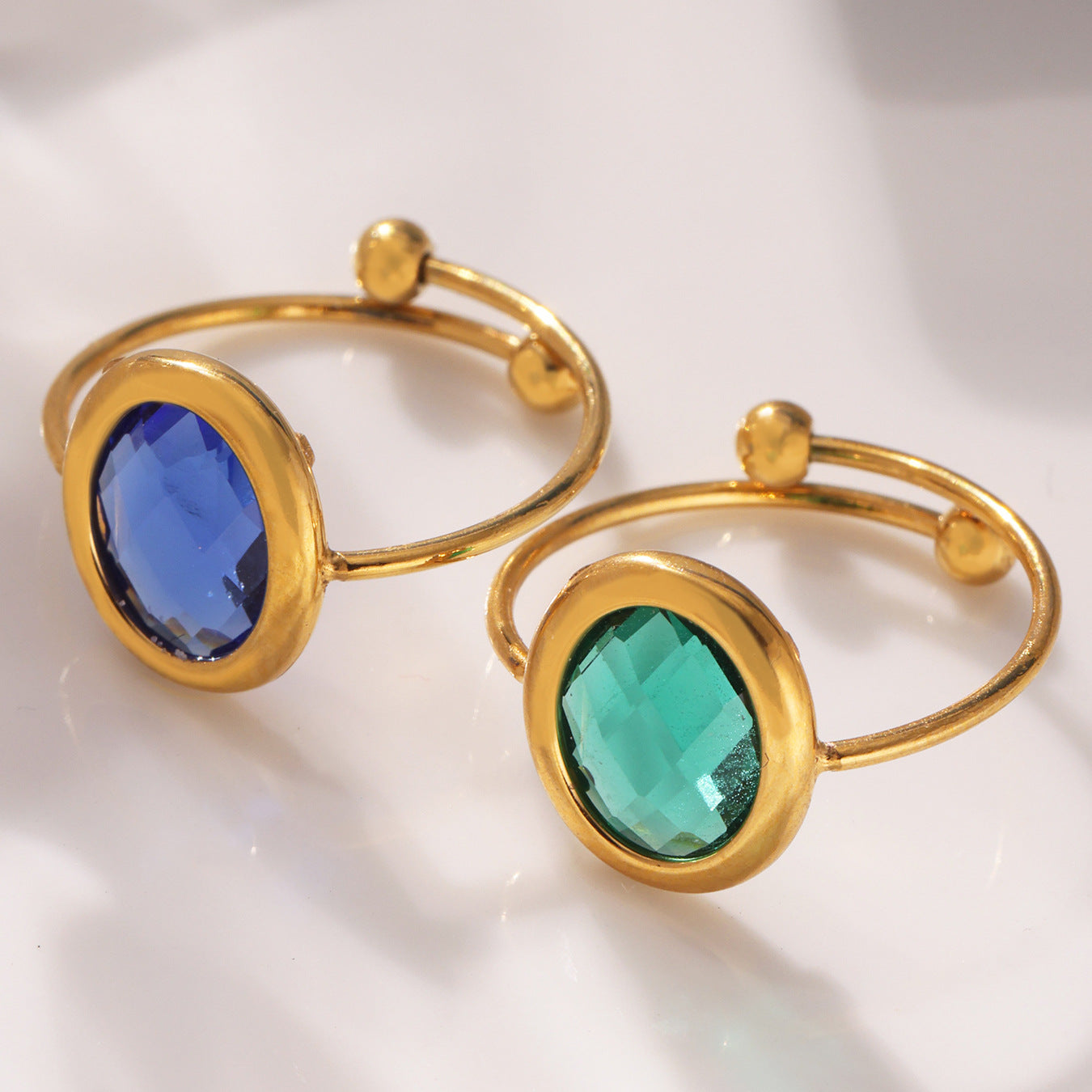 316L Stainless Steel 18K PVD Gold Adjustable Czech Glass Gemstone Ring