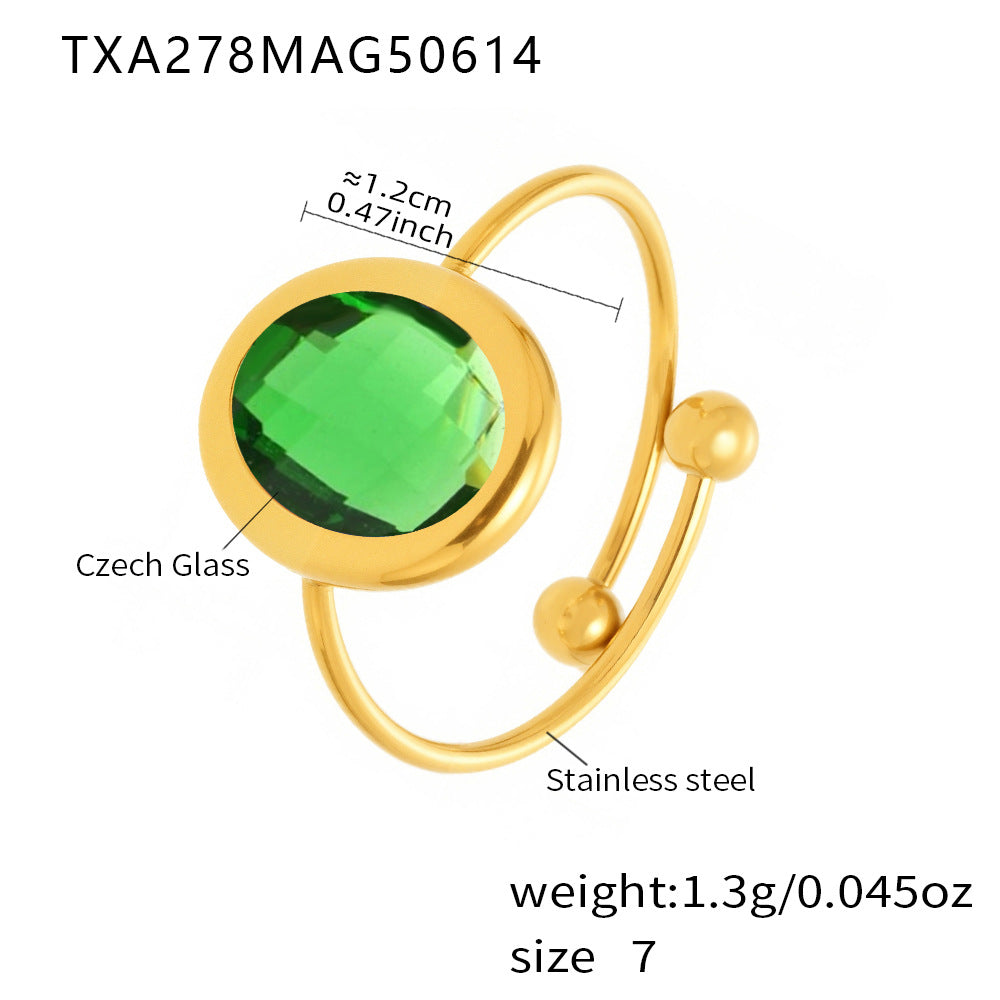 316L Stainless Steel 18K PVD Gold Adjustable Czech Glass Gemstone Ring
