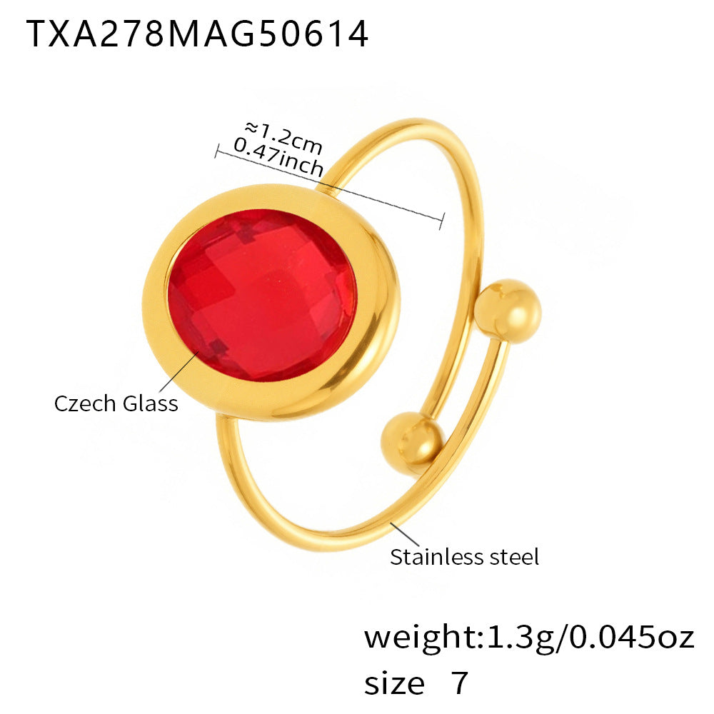 316L Stainless Steel 18K PVD Gold Adjustable Czech Glass Gemstone Ring