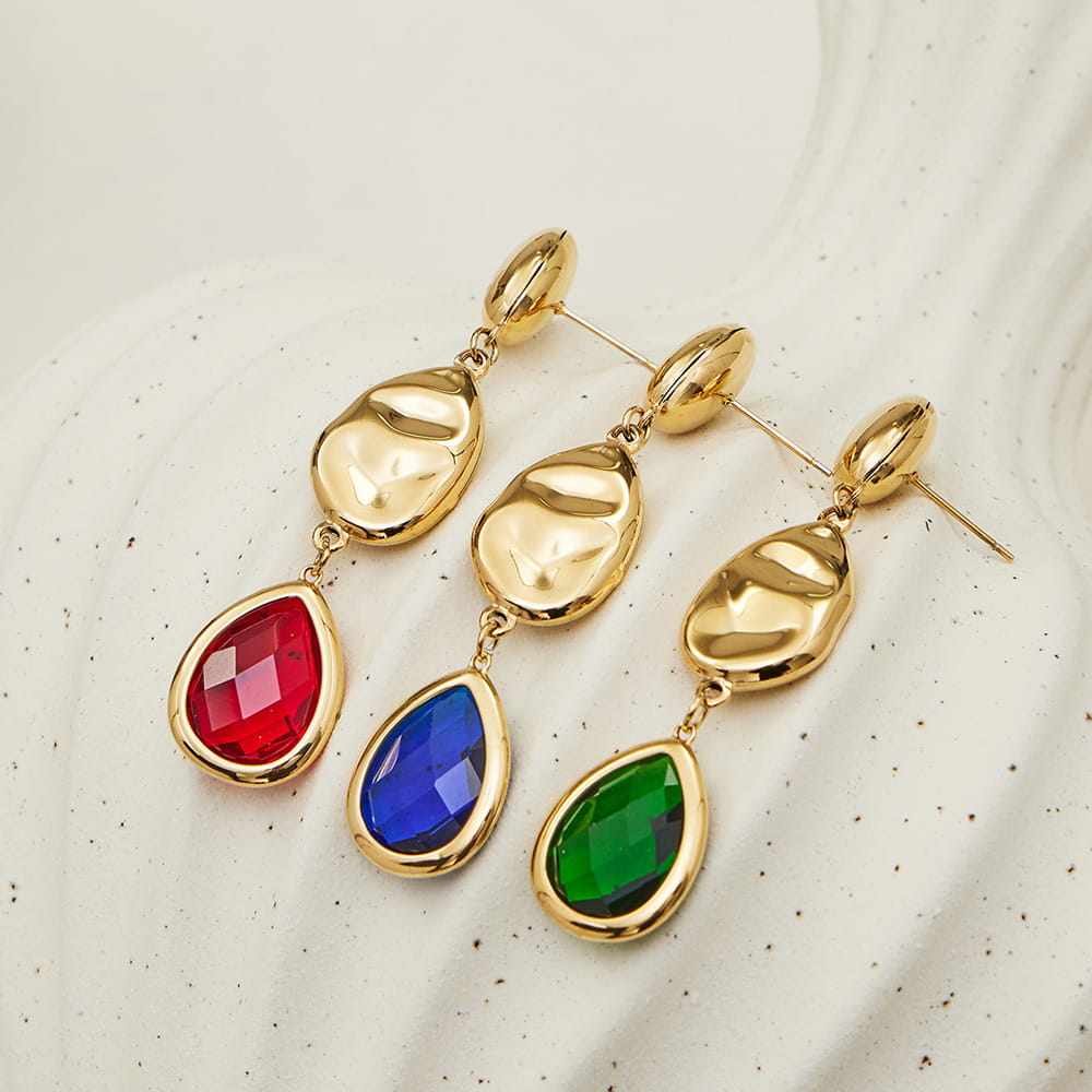 Color options of 316L stainless steel Czech glass teardrop earrings in green red and blue for wholesale buyers