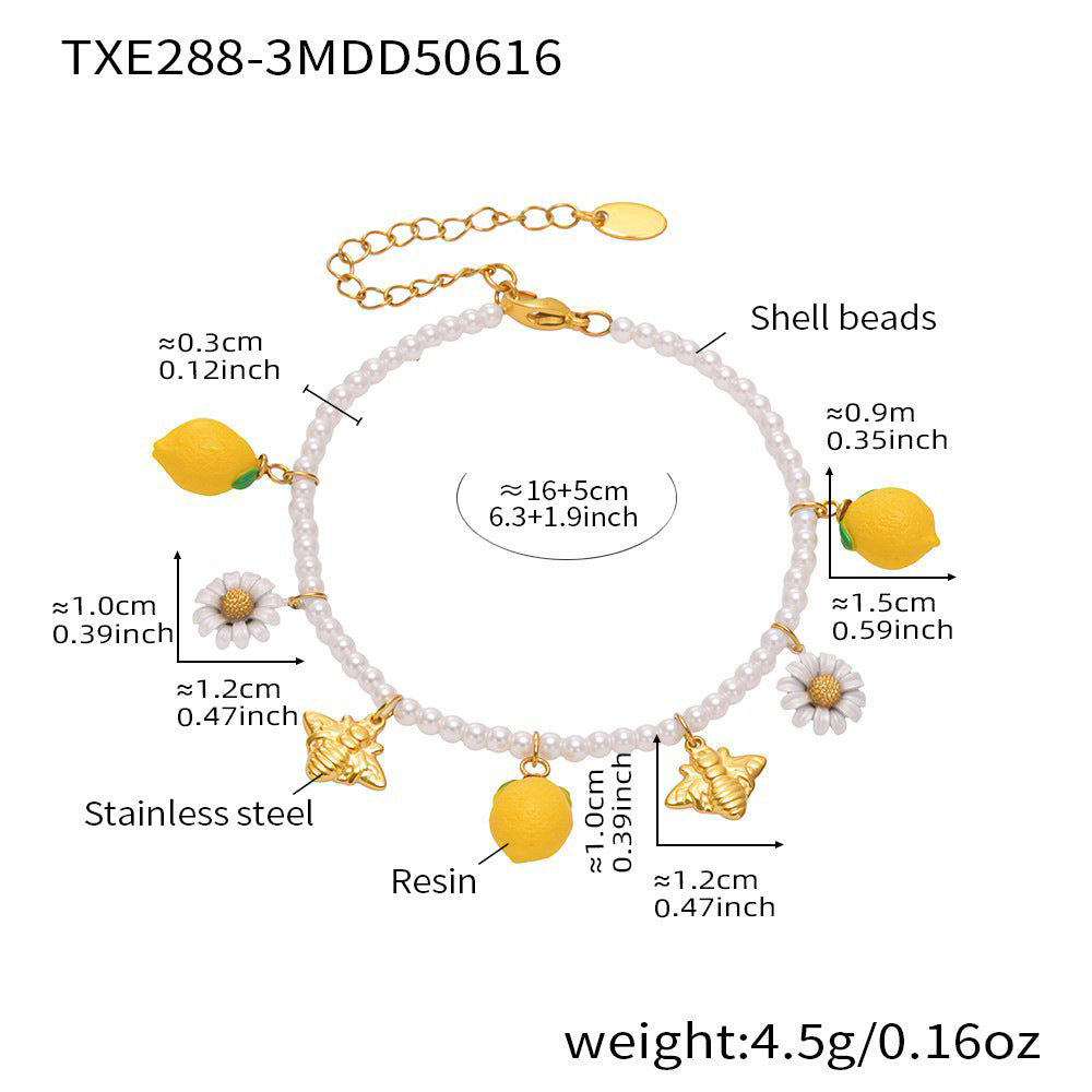 316L Stainless Steel Dainty Lemon Daisy Shell Pearl Charm Bracelet - Image 1