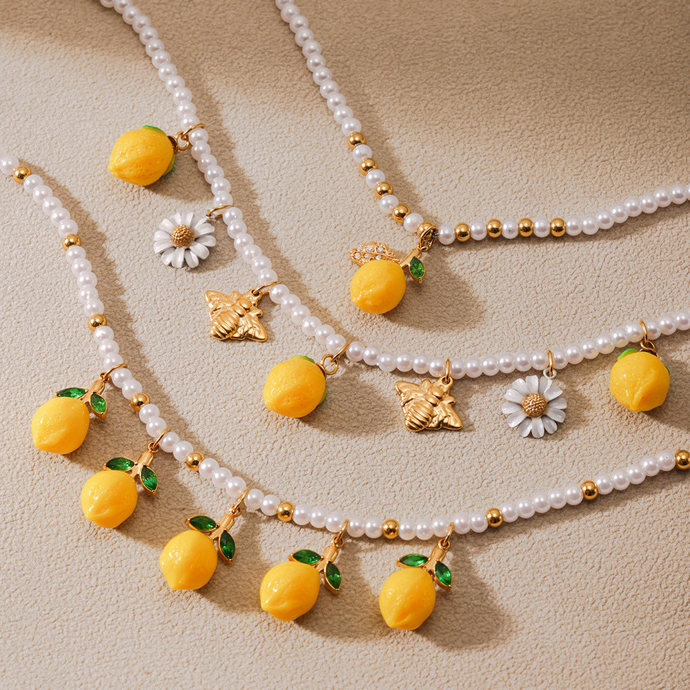 316L Stainless Steel Dainty Lemon Daisy Shell Pearl Charm Bracelet - Image 2