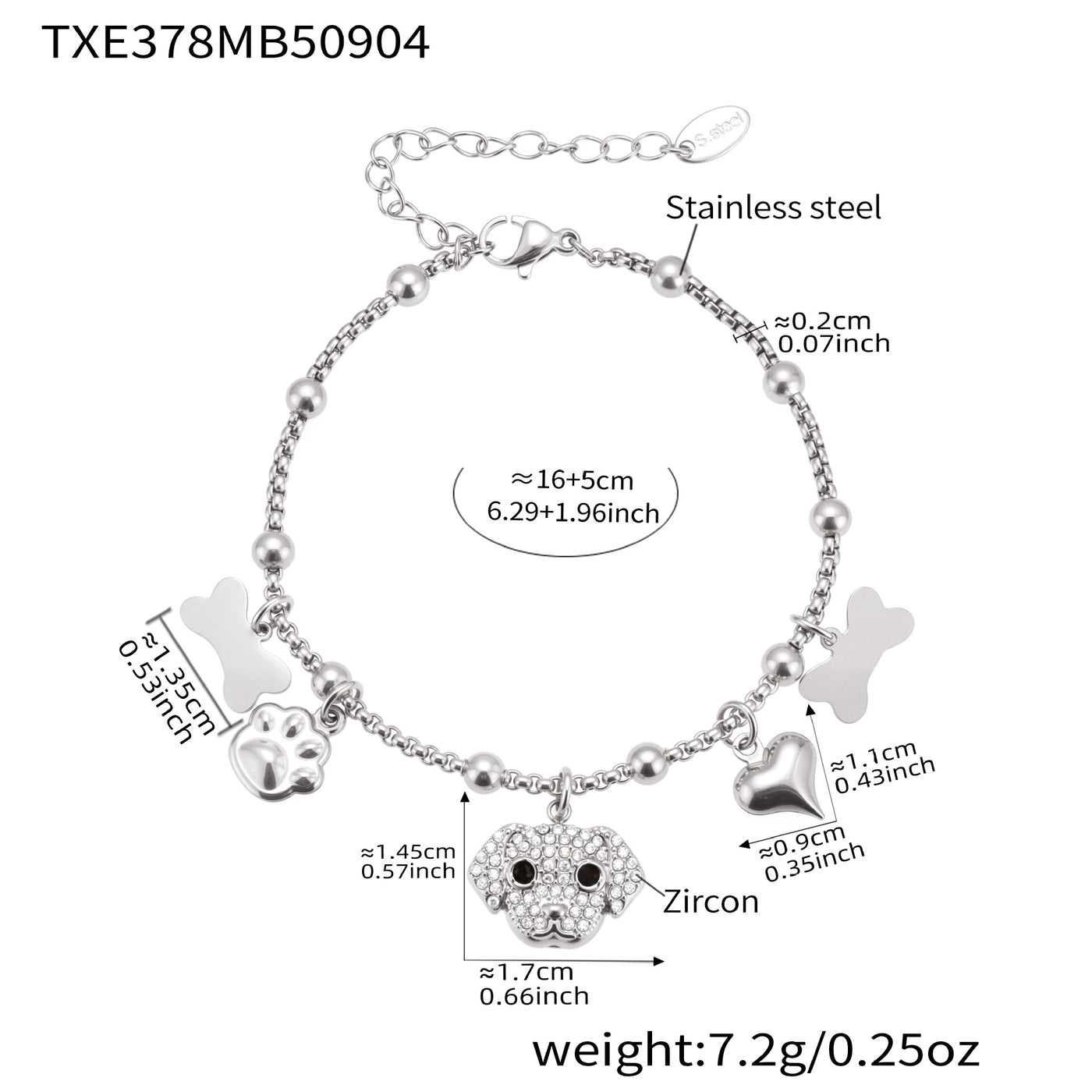 Technical drawing for the gold heart pendant charm, 316L stainless steel with zircon, hypoallergenic for sensitive skin.
