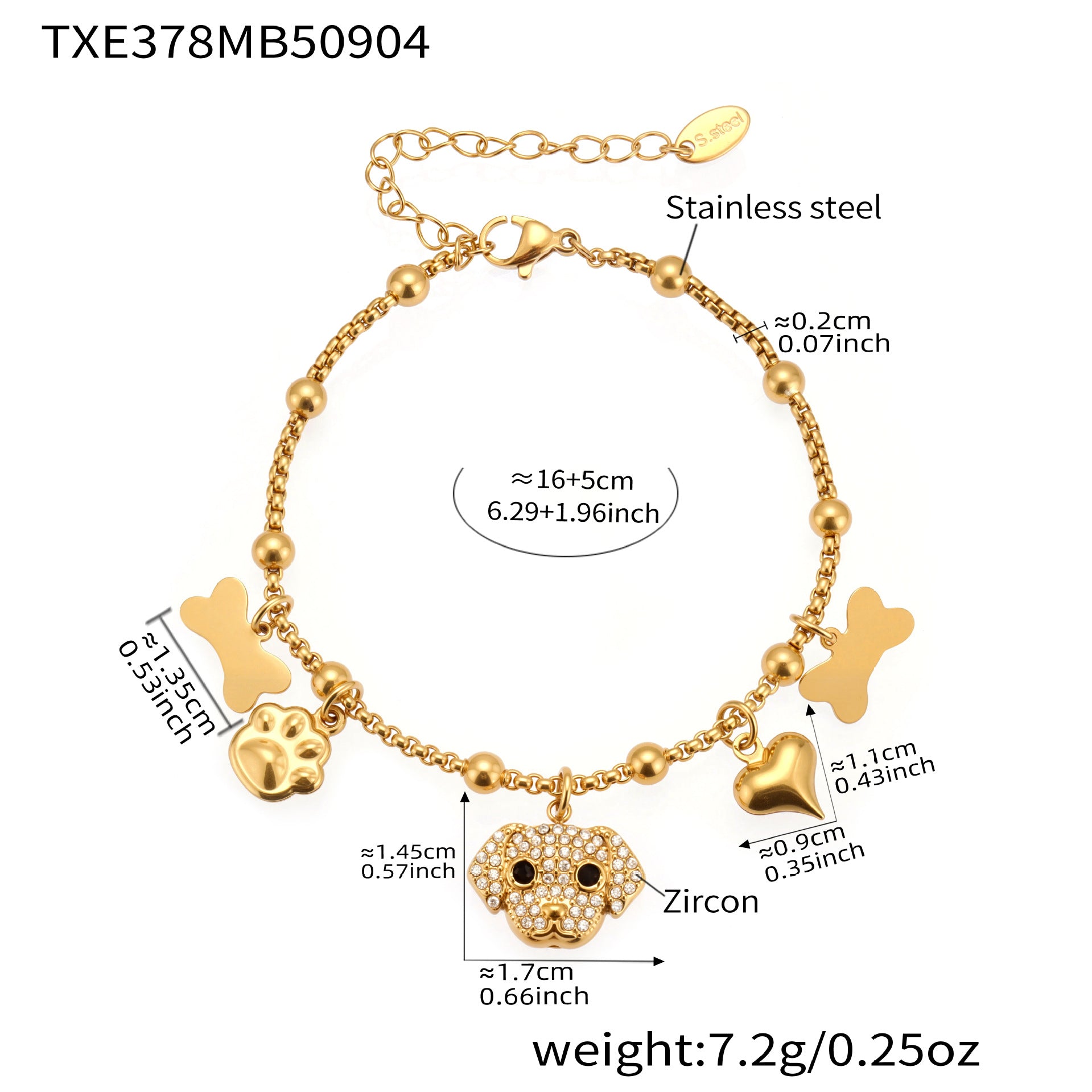 Measurement guide for the silver-tone dog bone necklace, 316L stainless steel, chain length and material specs.