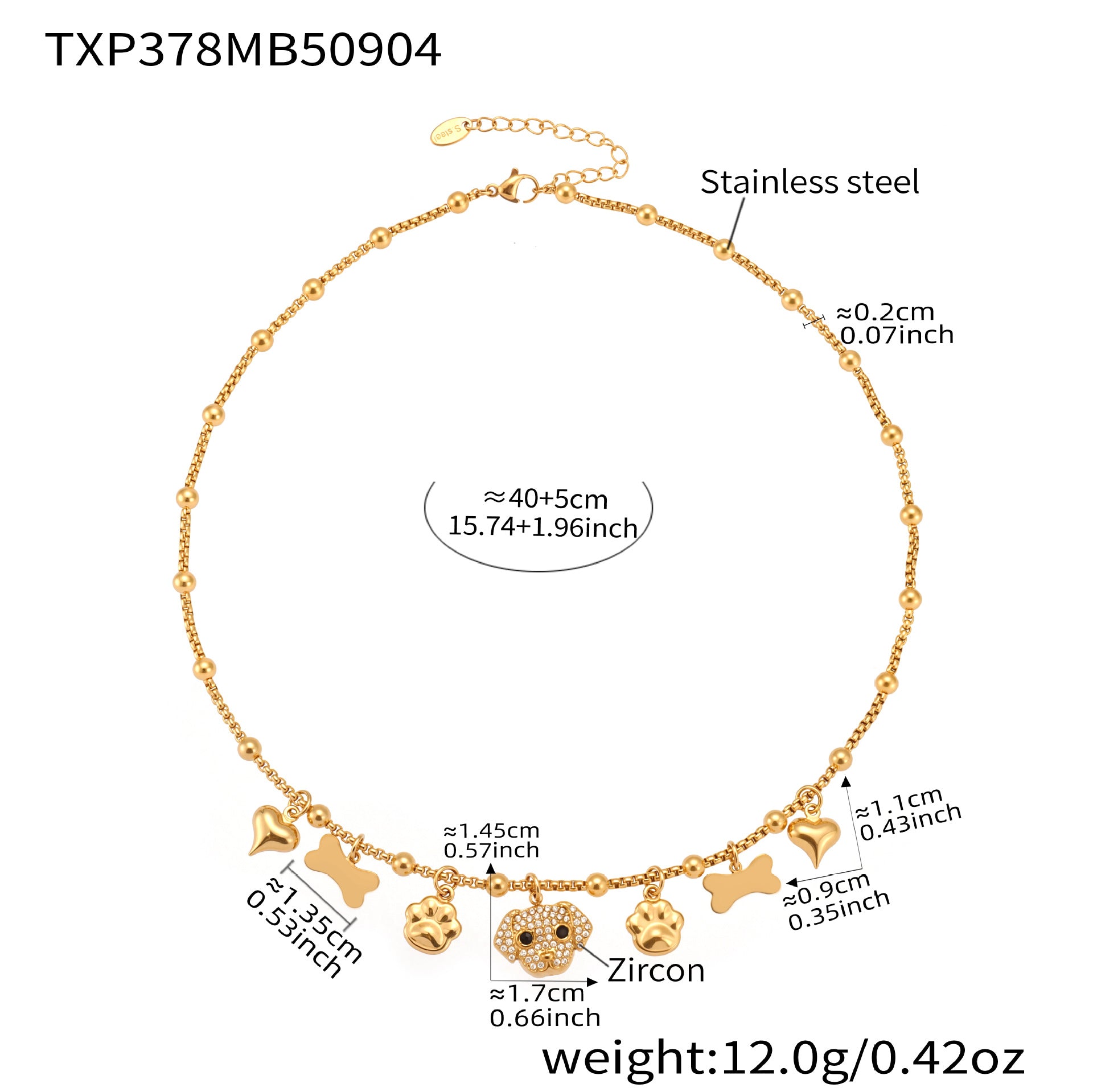Product dimension sheet for the 18K gold plated dog multi-pendant necklace, adjustable chain length.