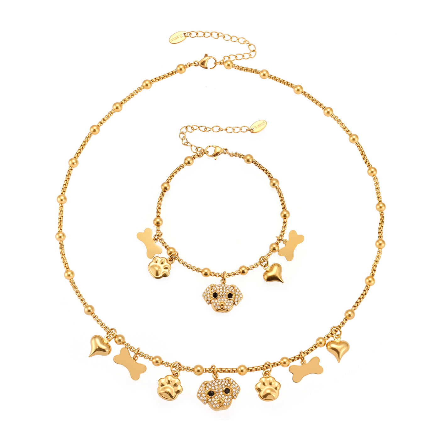 A complete 316L stainless steel dog zircon pave bone multi-pendant jewelry set in 18K gold plating, featuring necklaces and bracelets.