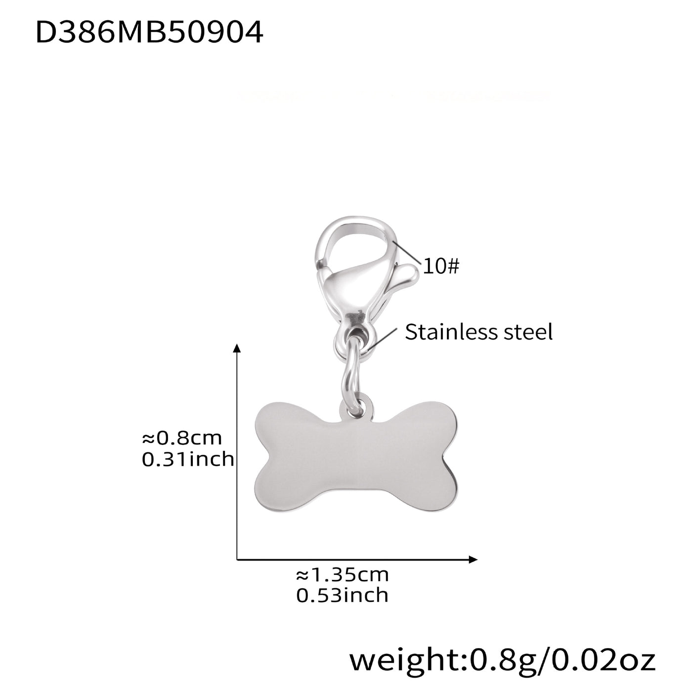 Product specification chart for the silver-tone dog bone bracelet, hypoallergenic 316L stainless steel, adjustable chain.