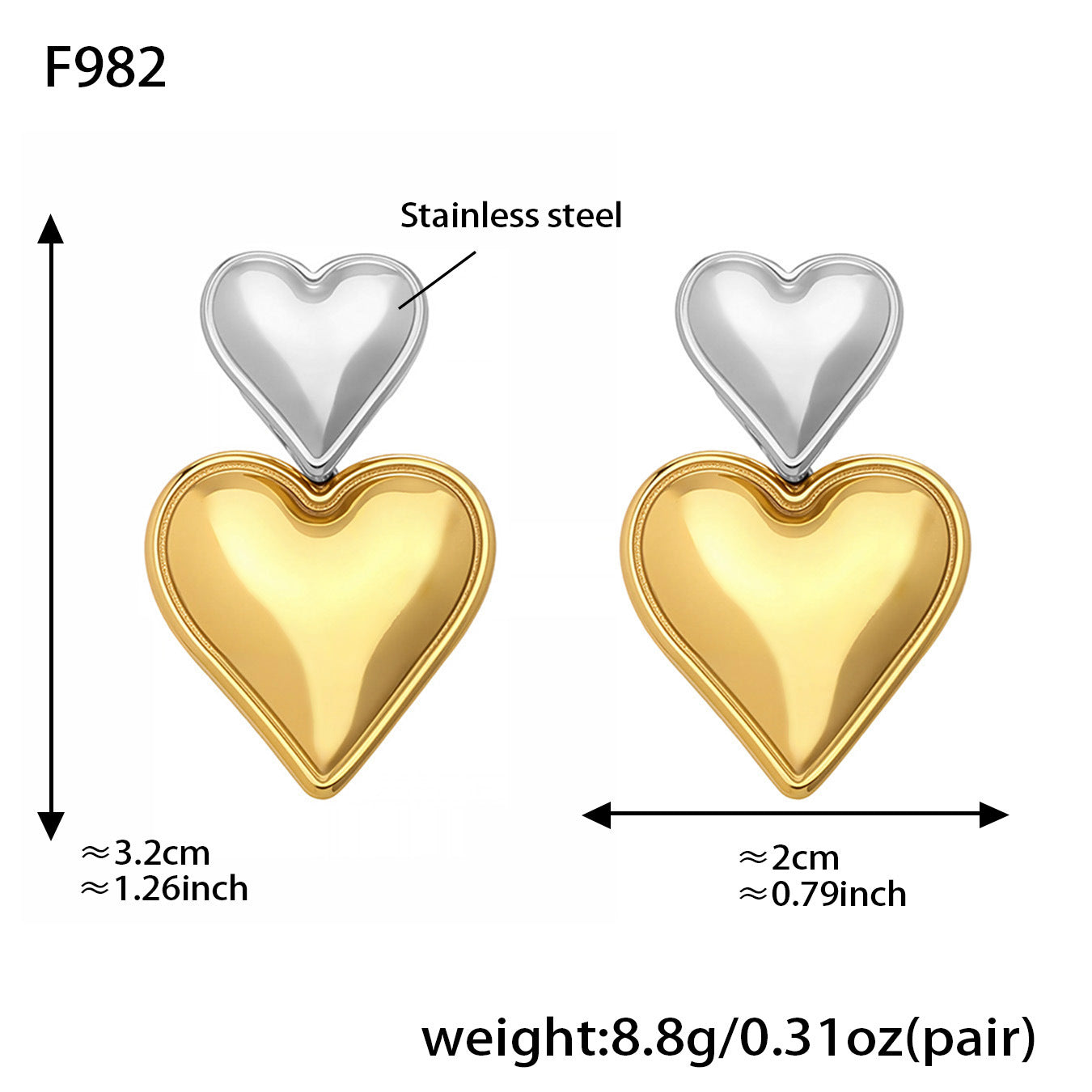 316L Stainless Steel Polished Double Heart Drop Stud Earrings