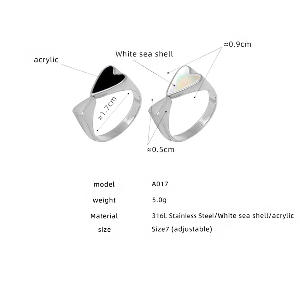 316L stainless steel double heart ring size chart with dimensions, white sea shell and black acrylic styles