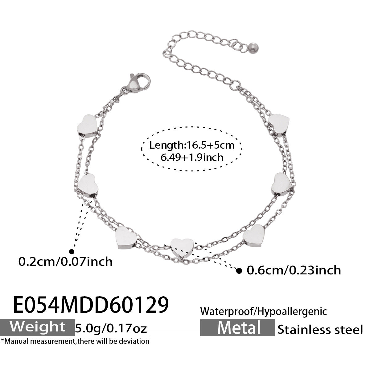 Back view of 316L stainless steel double layer heart chain bracelet, secure lobster clasp closure
