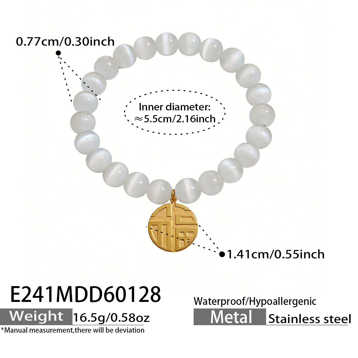 316L Stainless Steel Cat's Eye Stone Bead Bracelet with Lucky Charm Pendant collection, wholesale waterproof jewelry