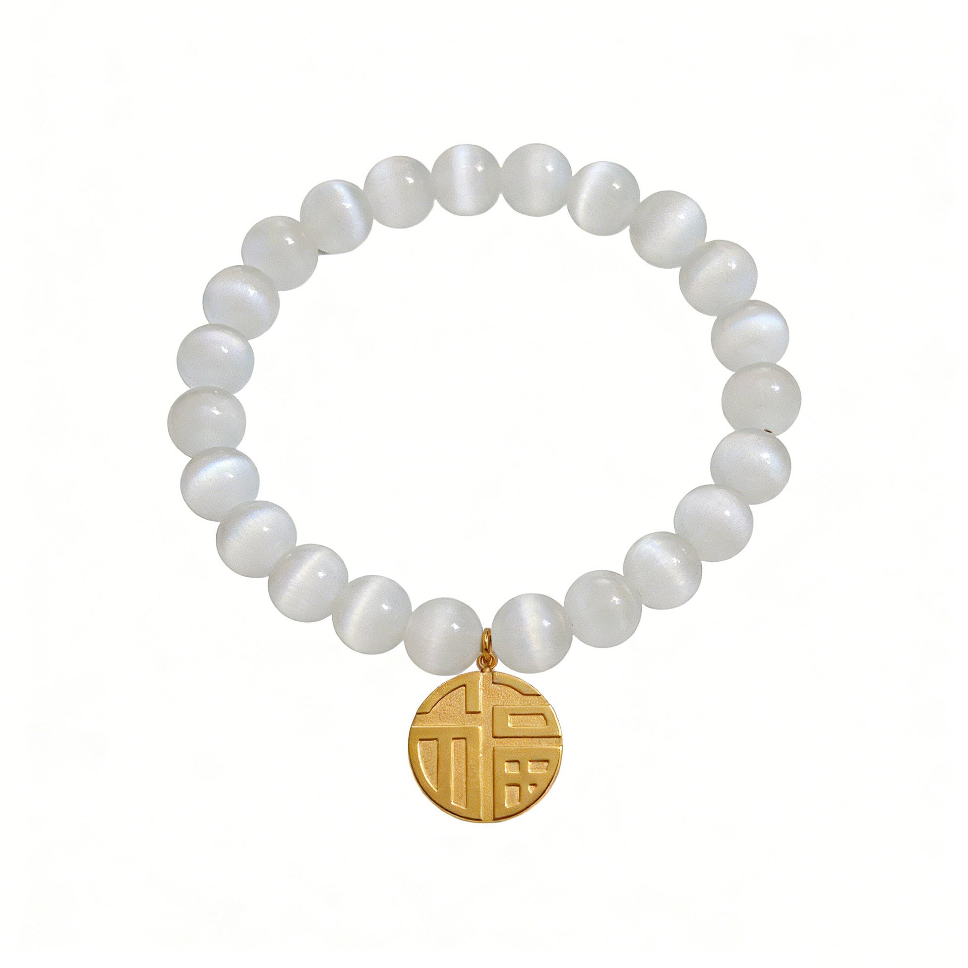316L Stainless Steel Cat's Eye Stone Bead Bracelet with Lucky Charm Pendant, waterproof wholesale jewelry