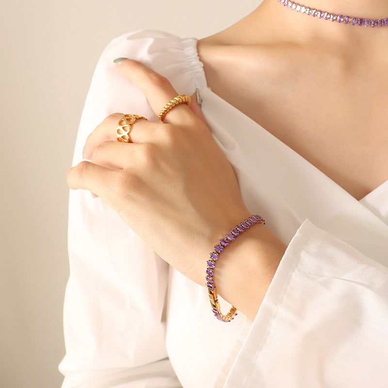 316L Stainless Steel Elegant Colorful Zircon Inlaid Necklace & Bracelet Set - Image 13