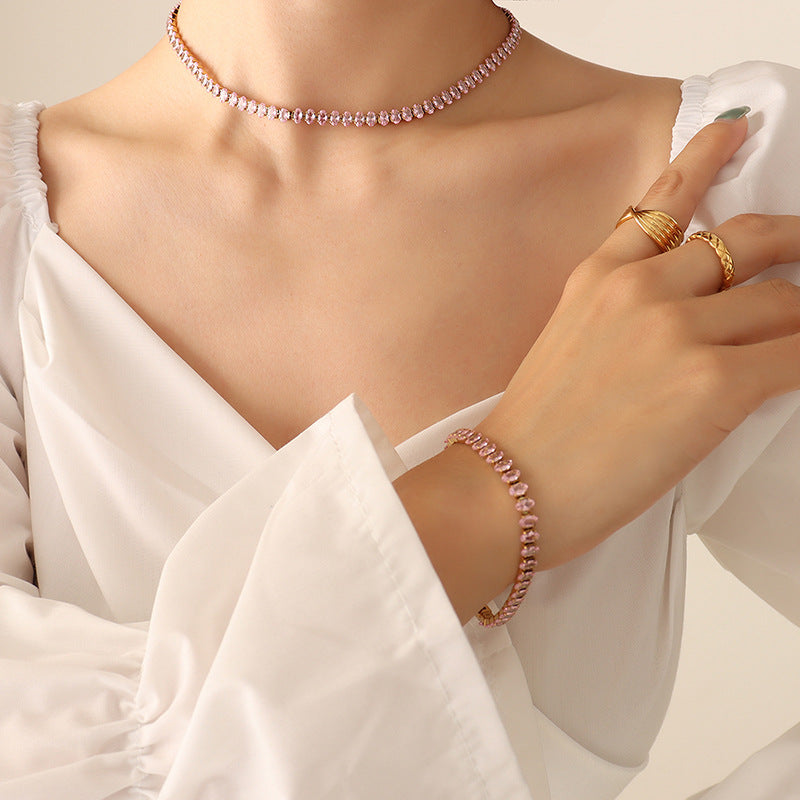 316L Stainless Steel Elegant Colorful Zircon Inlaid Necklace & Bracelet Set - Image 18