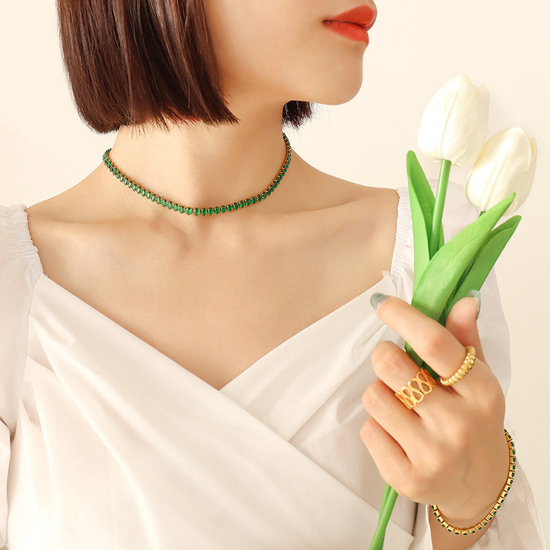 316L Stainless Steel Elegant Colorful Zircon Inlaid Necklace & Bracelet Set - Image 3
