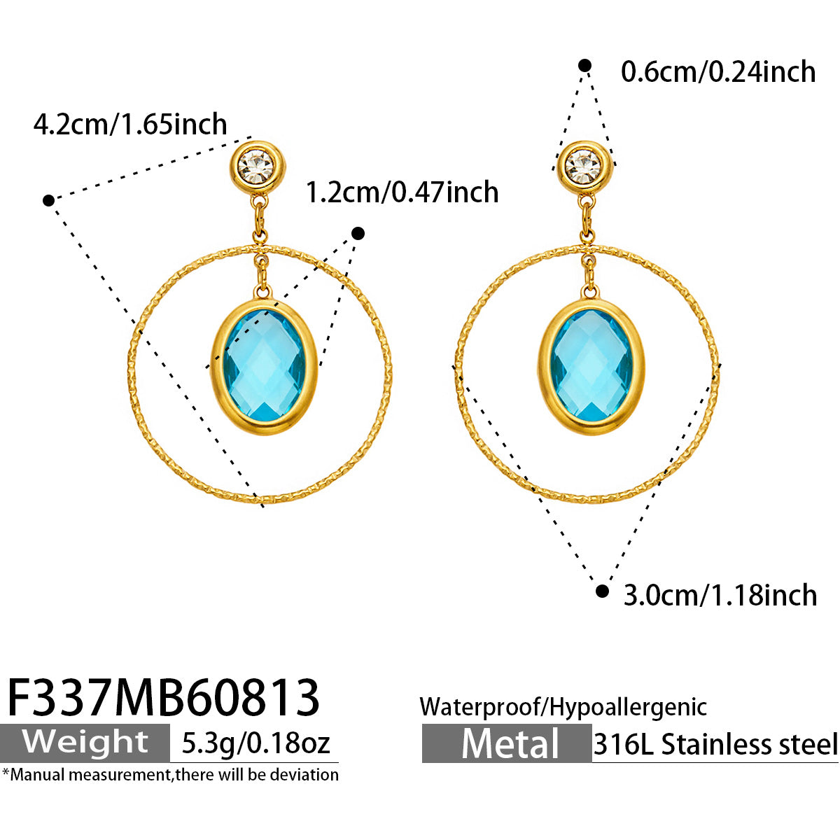 Elegant Double-layer Oval Earrings with Green Glass Stone