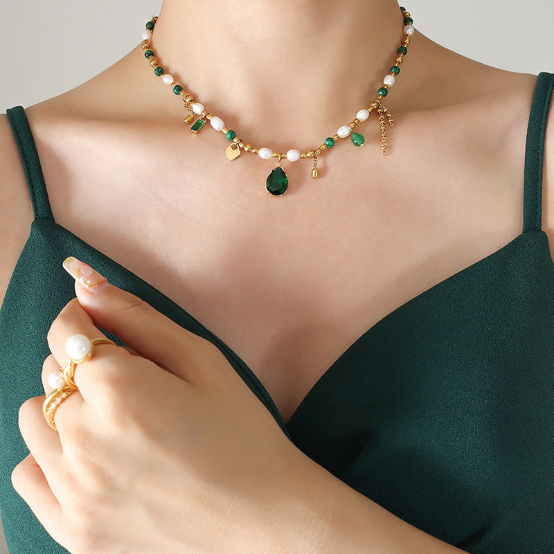 316L Stainless Steel Elegant Freshwater Pearl, Zircon & Turquoise Pendant Necklace - Image 1
