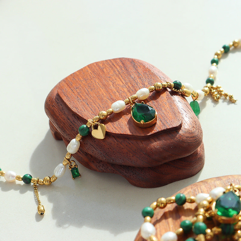 316L Stainless Steel Elegant Freshwater Pearl, Zircon & Turquoise Pendant Necklace - Image 5