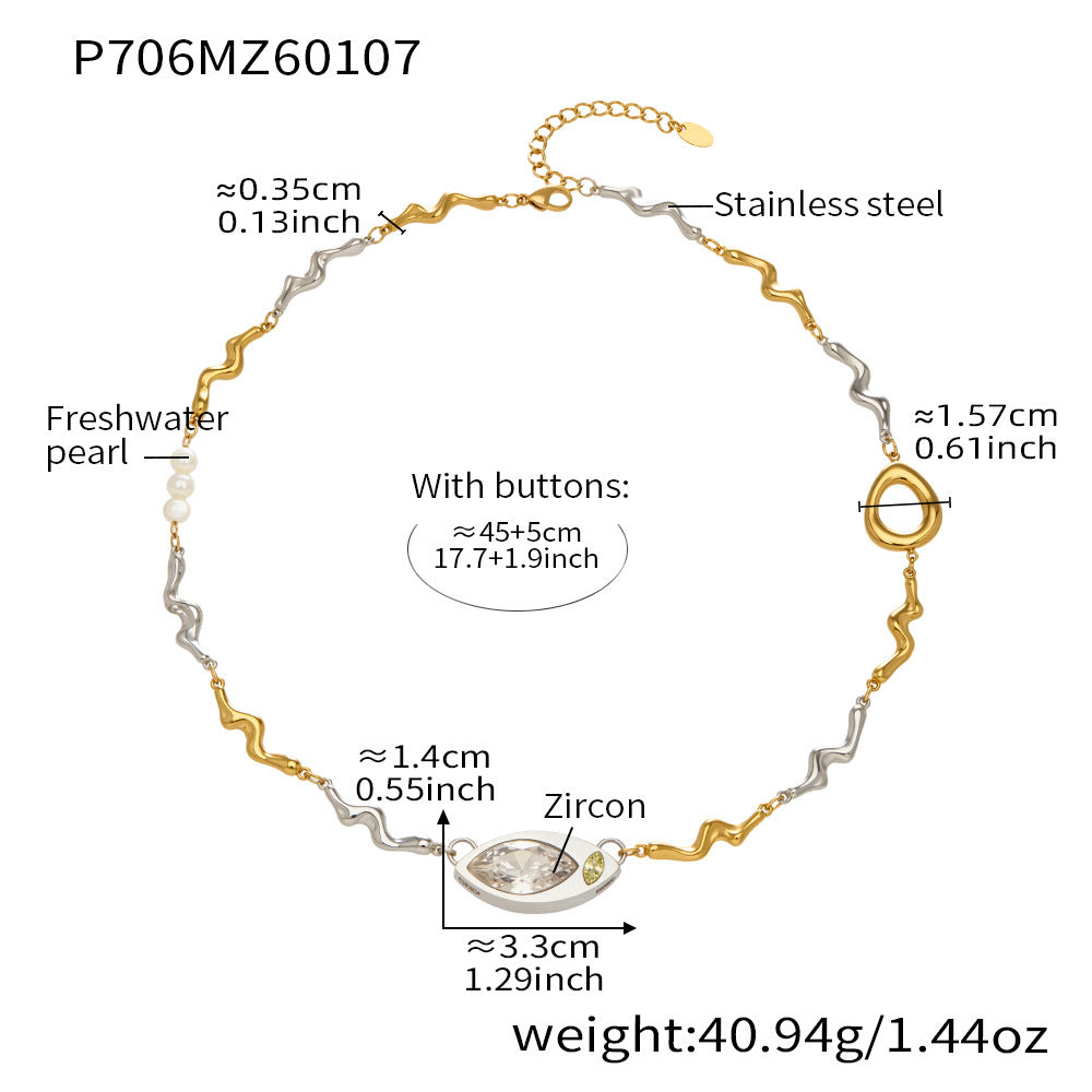 316L Stainless Steel Elegant Marquise Zircon & Freshwater Pearl Clavicle Necklace - Image 10