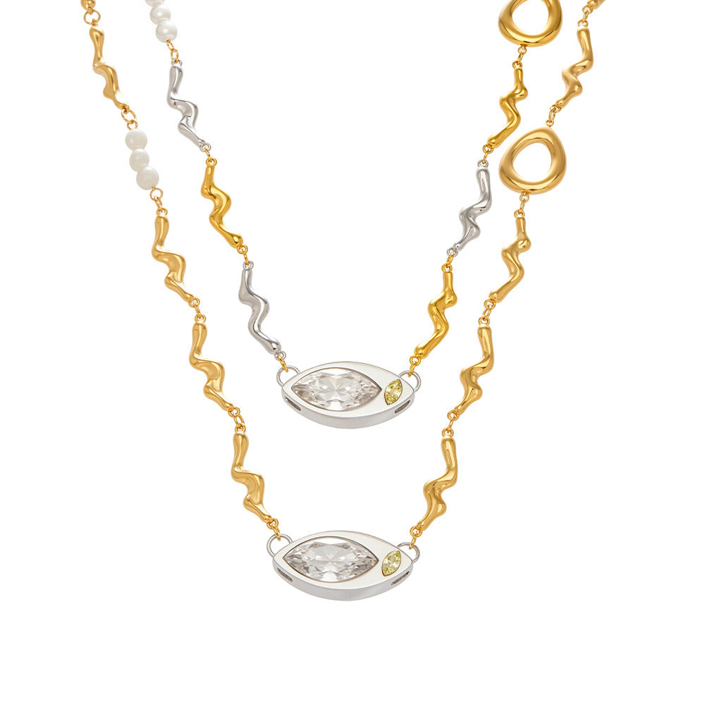 316L Stainless Steel Elegant Marquise Zircon & Freshwater Pearl Clavicle Necklace - Image 6