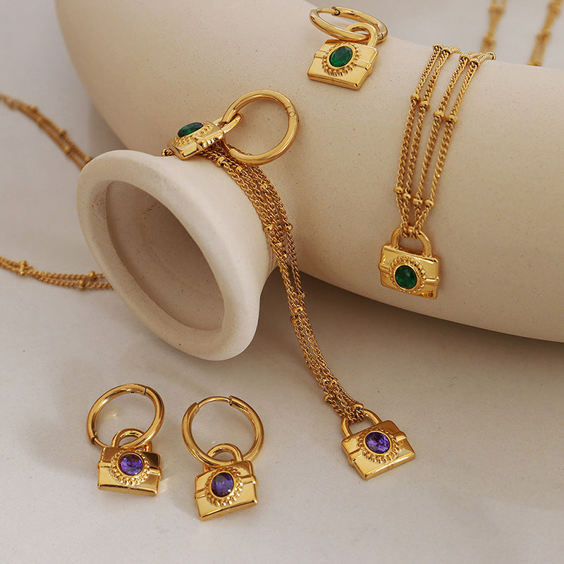 316L Stainless Steel Emerald Cut Zircon Lock Necklace & Earrings - Image 2