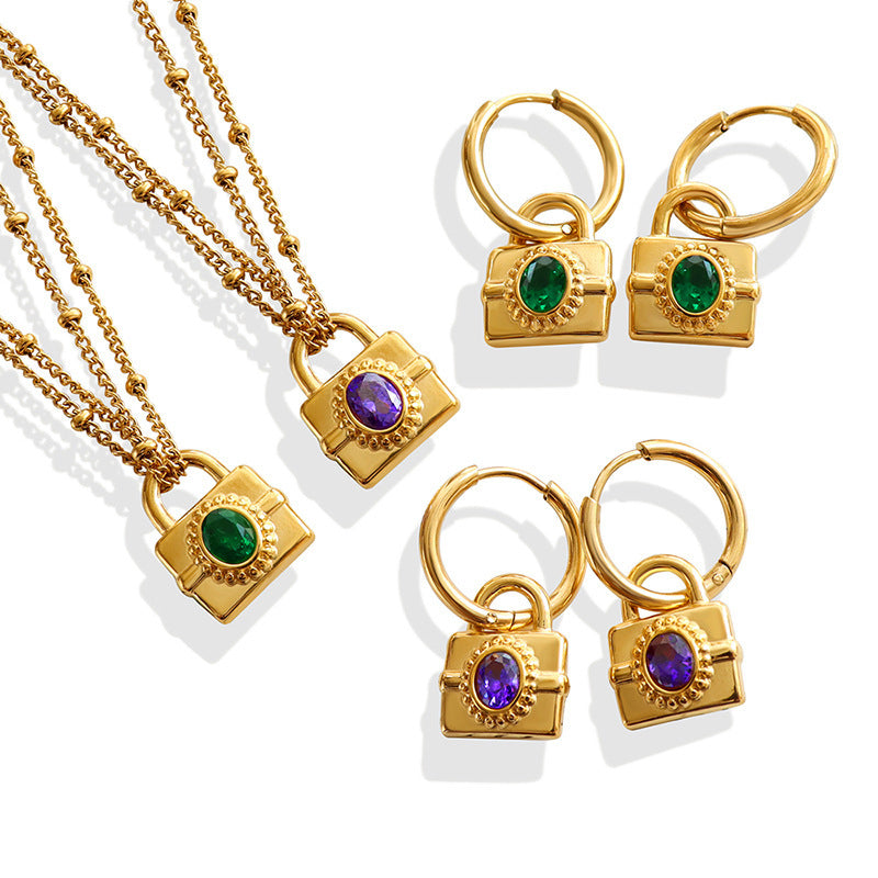 316L Stainless Steel Emerald Cut Zircon Lock Necklace & Earrings - Image 6