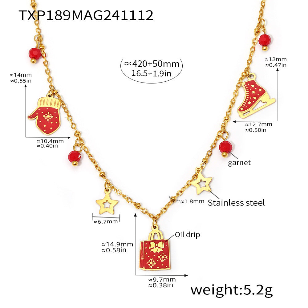 316L Stainless Steel Enamel Christmas Element 18K Gold Plated Pendant Necklace & Bracelet Set - Image 4