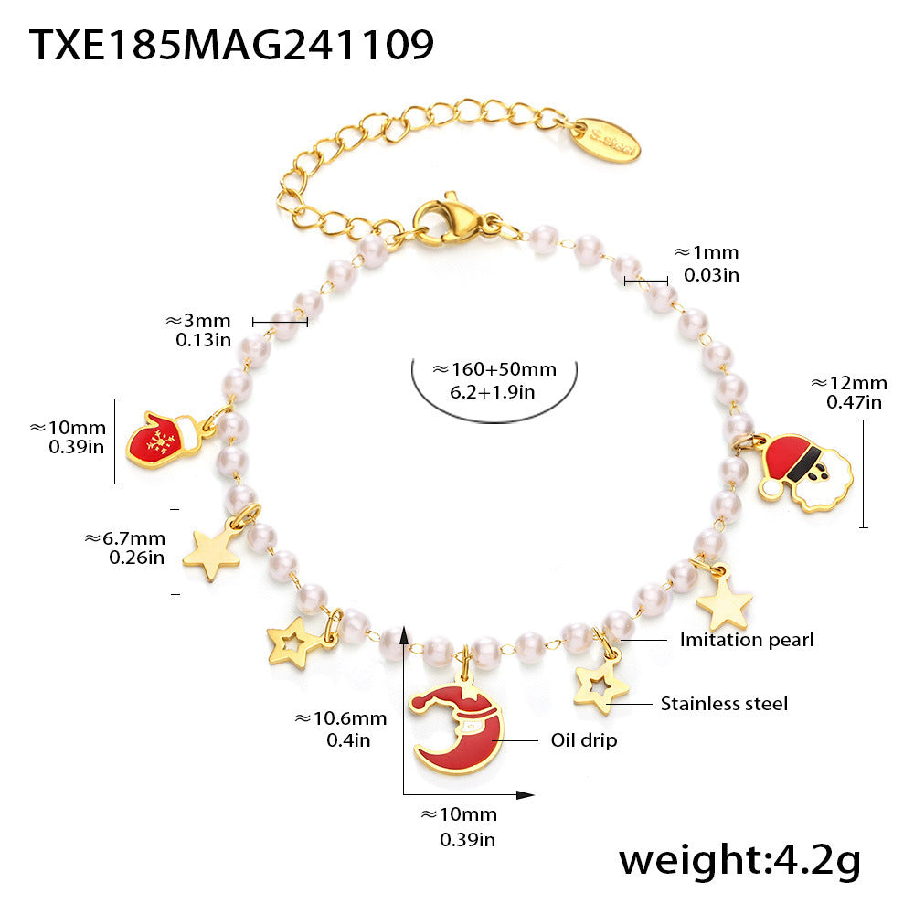 316L Stainless Steel Enamel Christmas Shell Pearl Pendant Necklace & Bracelet Set - Image 4