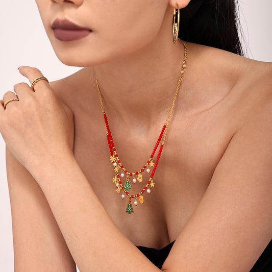 316L Stainless Steel Enamel Glaze Zircon Geometric Christmas Tree Pendant Necklace - Image 1