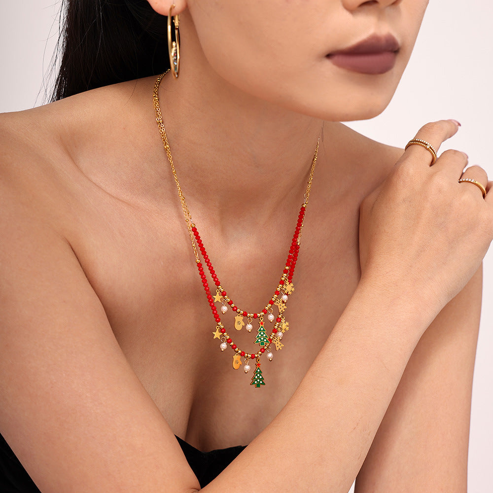 316L Stainless Steel Enamel Glaze Zircon Geometric Christmas Tree Pendant Necklace - Image 4