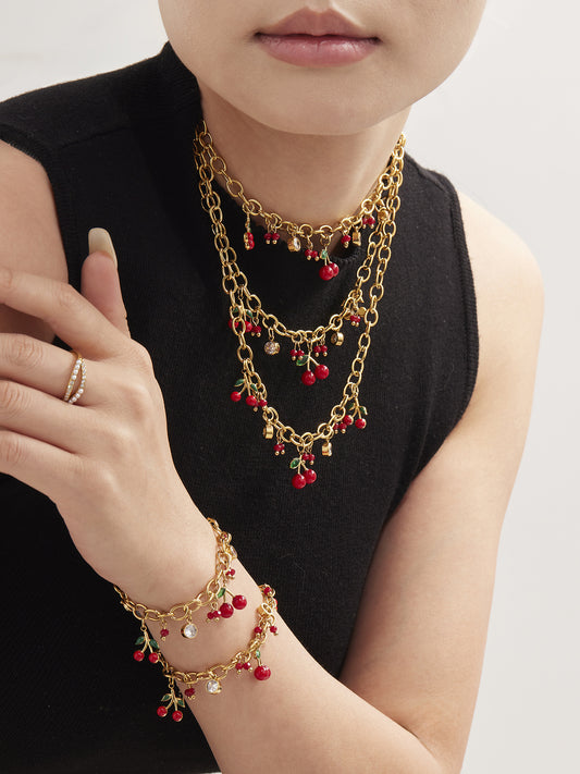 316L Stainless Steel Enamel Red Cherry Zircon Necklace and Bracelet Set - Image 1