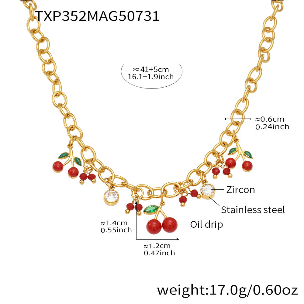 316L Stainless Steel Enamel Red Cherry Zircon Necklace and Bracelet Set - Image 4