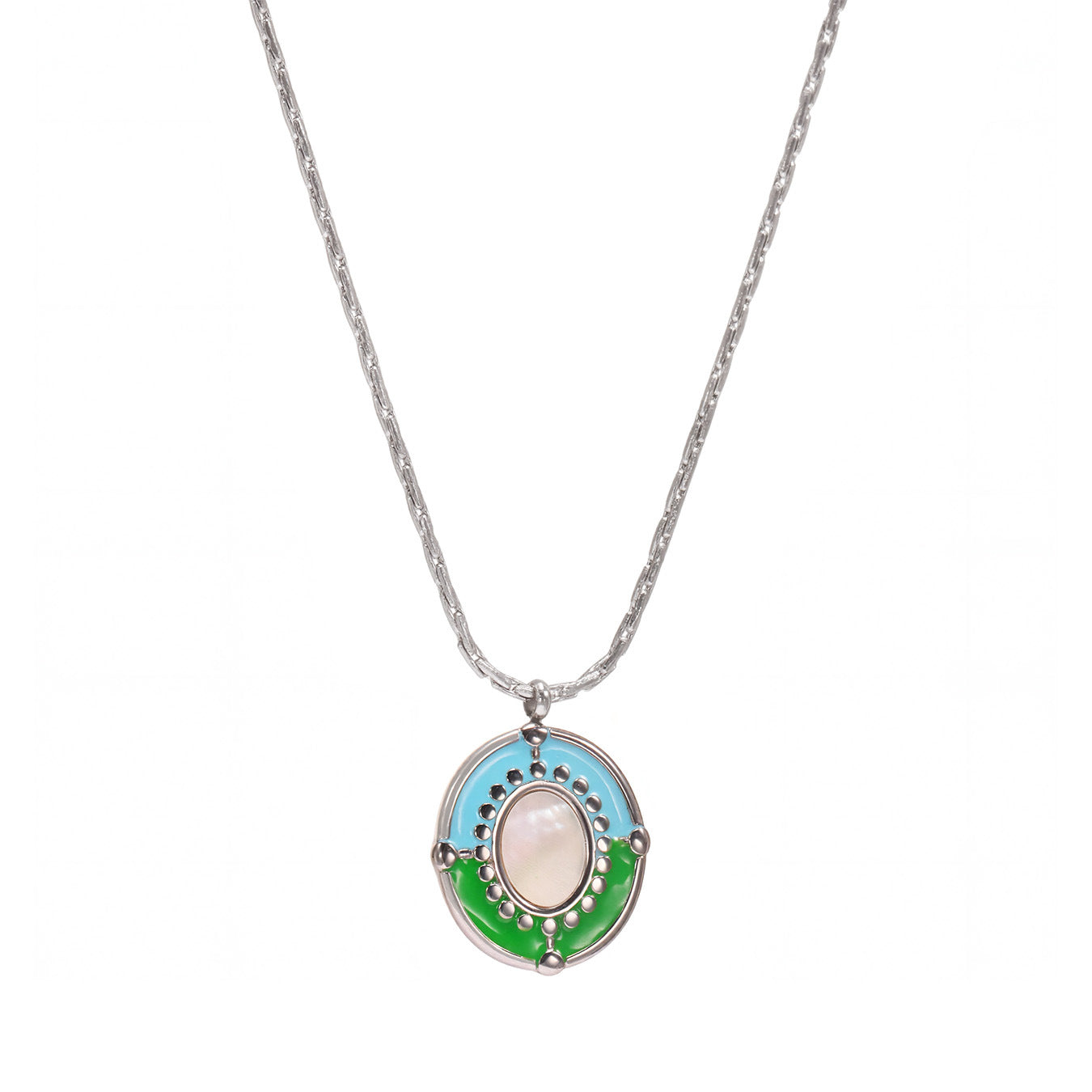 316L stainless steel enamel shell pendant necklace with ocean blue and green design, vacation beach jewelry for women