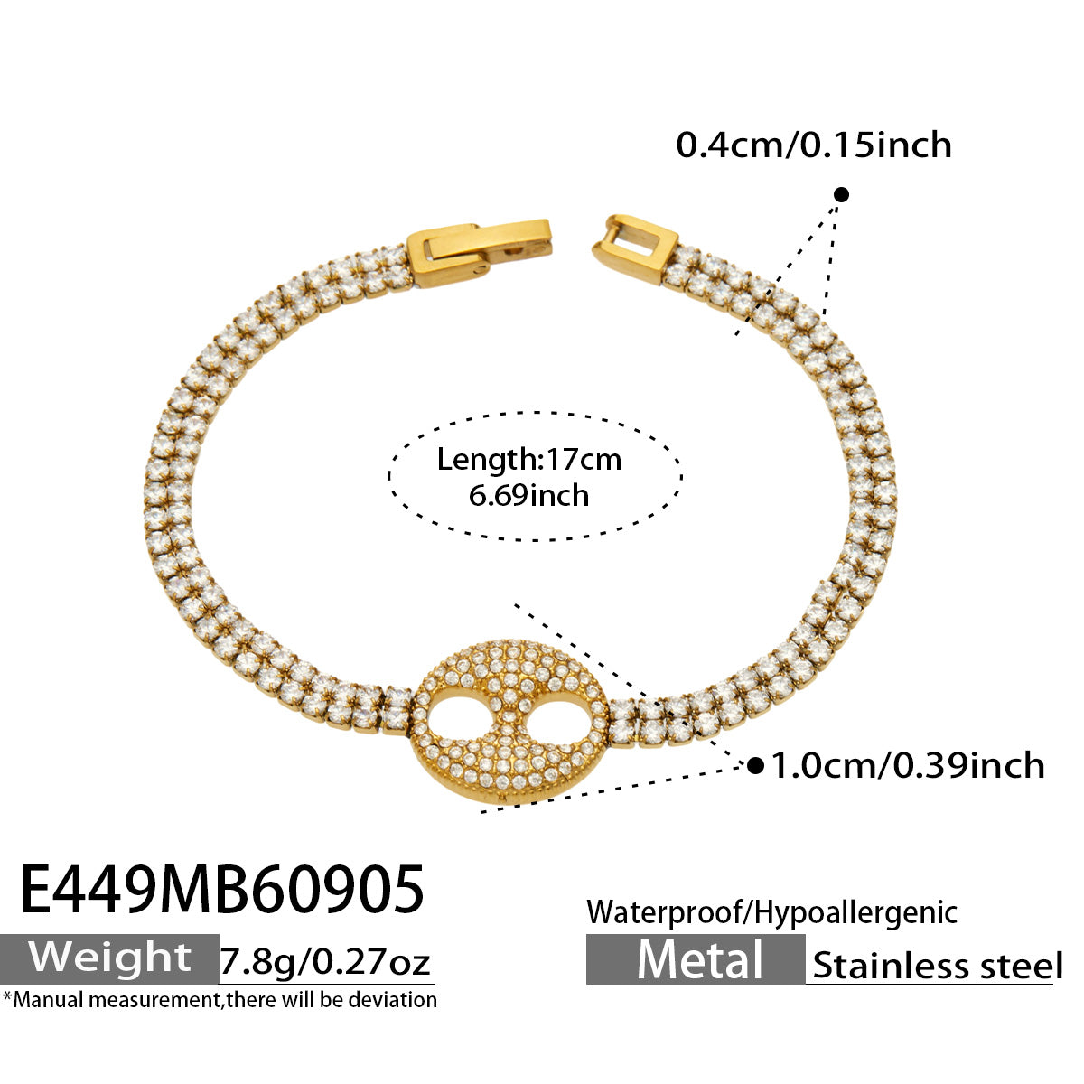 E449 white zircon double-ring bracelet in gold finish with product measurements