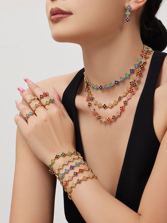 316L Stainless Steel Dopamine Four-Leaf Zircon Jewelry Set – Ring Necklace Bracelet Earrings