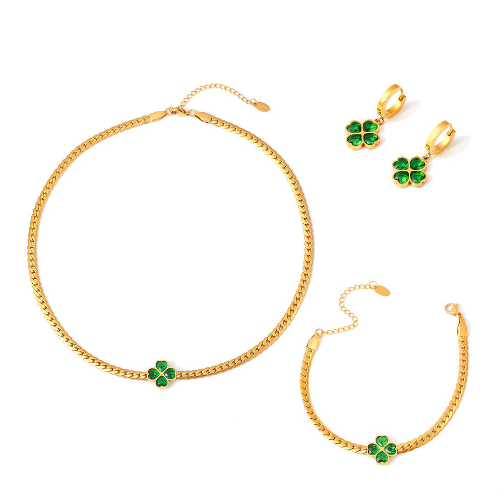 316L Stainless Steel Four-Leaf Clover Heart Glass Stone Jewelry Set - Image 1