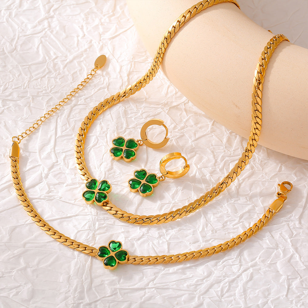 316L Stainless Steel Four-Leaf Clover Heart Glass Stone Jewelry Set - Image 7